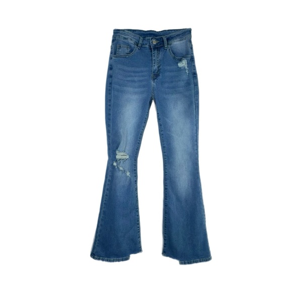 Women’s Distressed Light Wash High Rise Flare Leg Stretch Denim Jeans - Picture 1 of 7